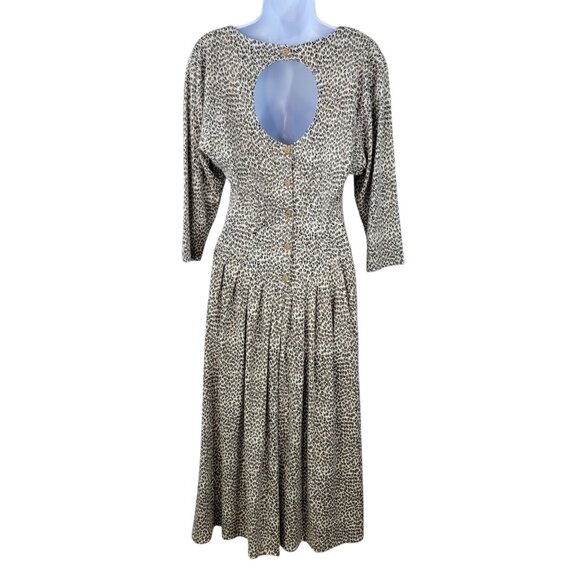 Vintage Shirt Dress 10 12 Midi Long Alt Fit Flare skirt Leopard Cheetah Keyhole - Picture 8 of 11